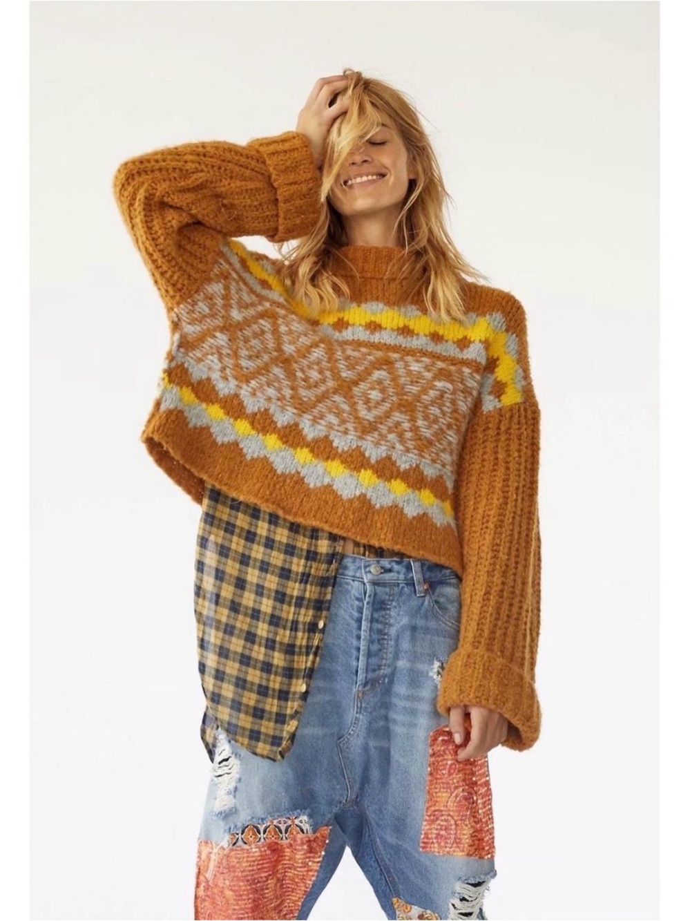 Free People Sweater Women’s Small NWT Cropped Fair Isle Knit Cinnamon Toast Boho